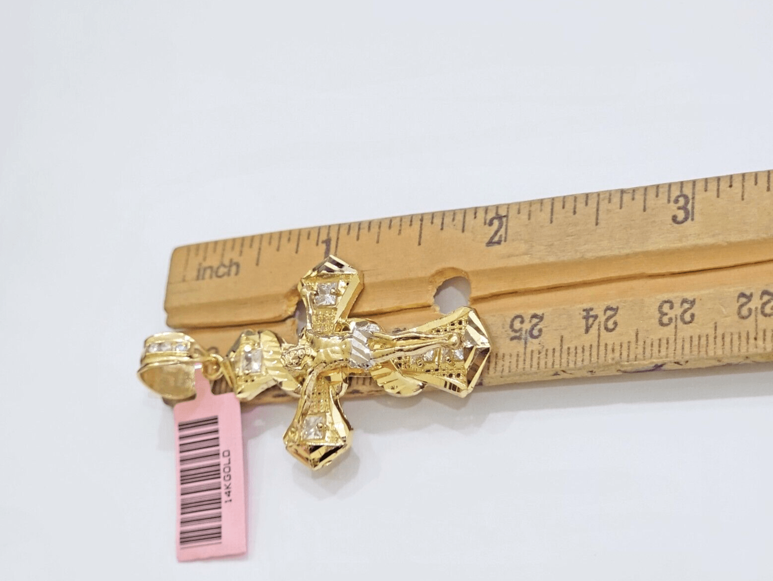14k Yellow Gold Cross Charm Jesus Pendant 2 Inch CZ Crucifix For Chain 14kt SALE - GoldenlinQ